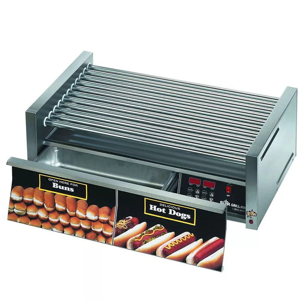 Star 50CBD Hot Dog Roller Grill with Chrome Plated Rollers and Bun Drawer