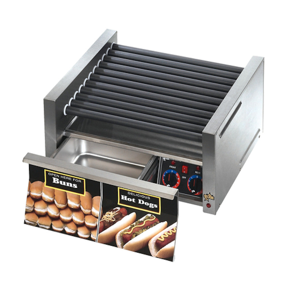 Star 50SCBD 50 Hot Dog Roller Grill with Duratec Non-Stick Rollers and Bun Drawer