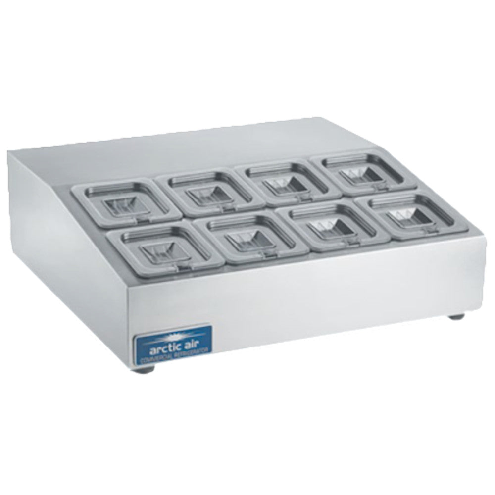 Arctic Air ACP8SQ Compact Refrigerated Countertop Pan Rail with Eight 1/6 Stainless Pans and Covers