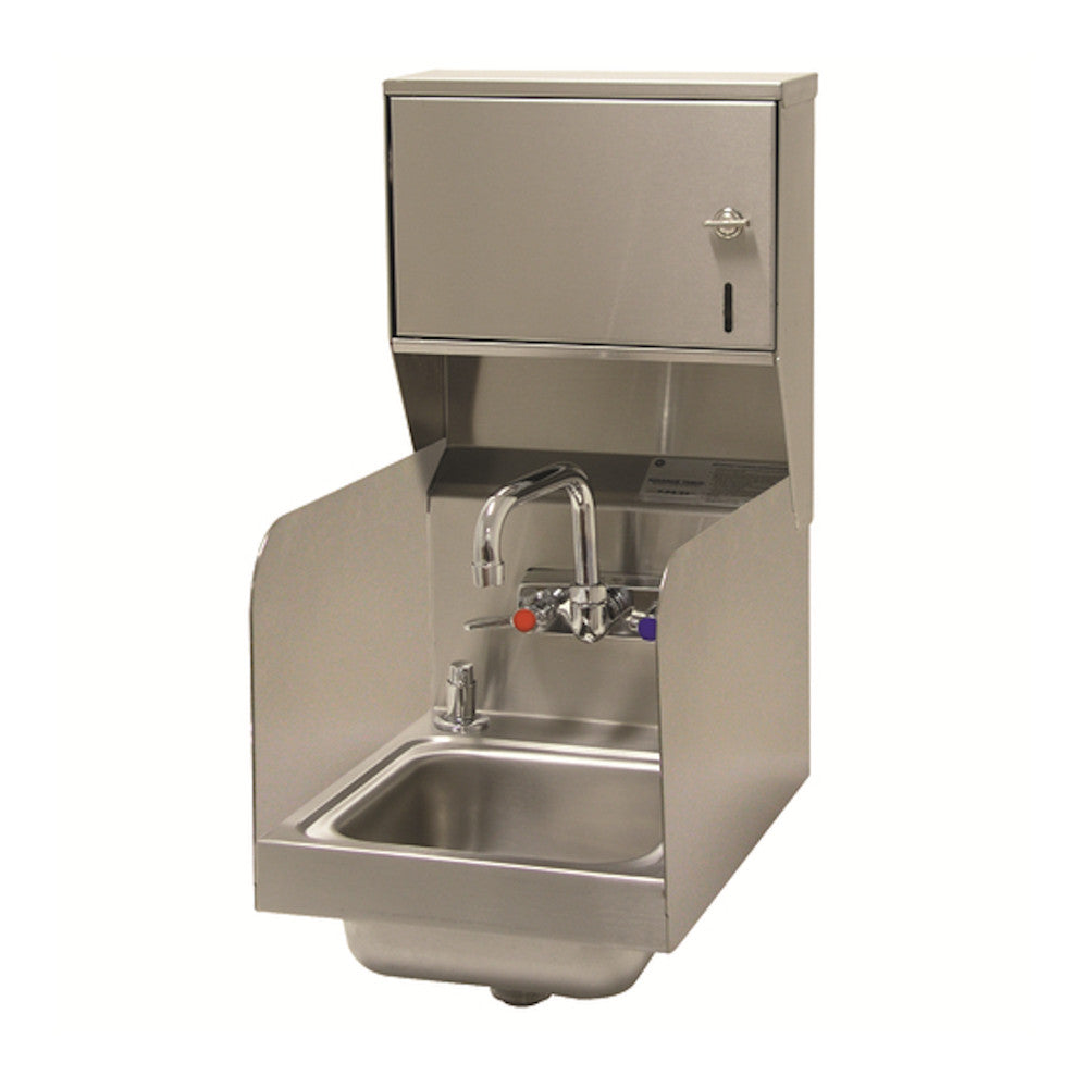 Advance Tabco 7-PS-73 Wall Mount Hand Sink 9” x 9” x 5” w/ Side Splashes, Drain Strainer, Towel & Soap Dispenser