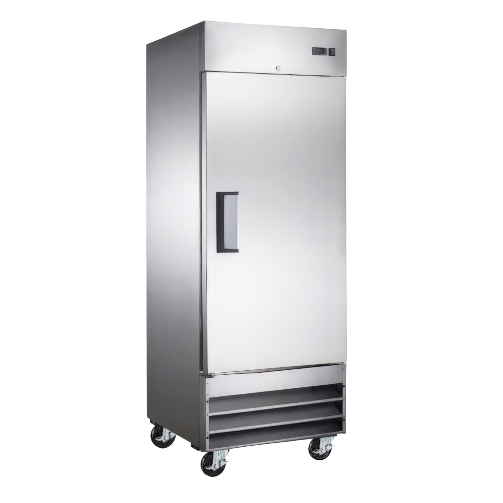 Adcraft GRFZ-1DES stainless steel one-section reach-in freezer with one solid door, digital temperature display, and casters.