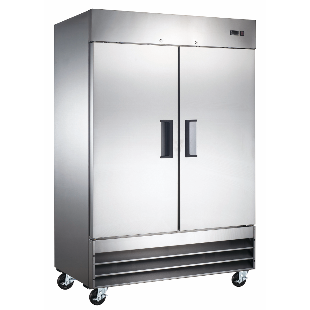 Adcraft GRFZ-2D stainless steel two-section reach-in freezer with two solid doors, digital temperature display, and casters.