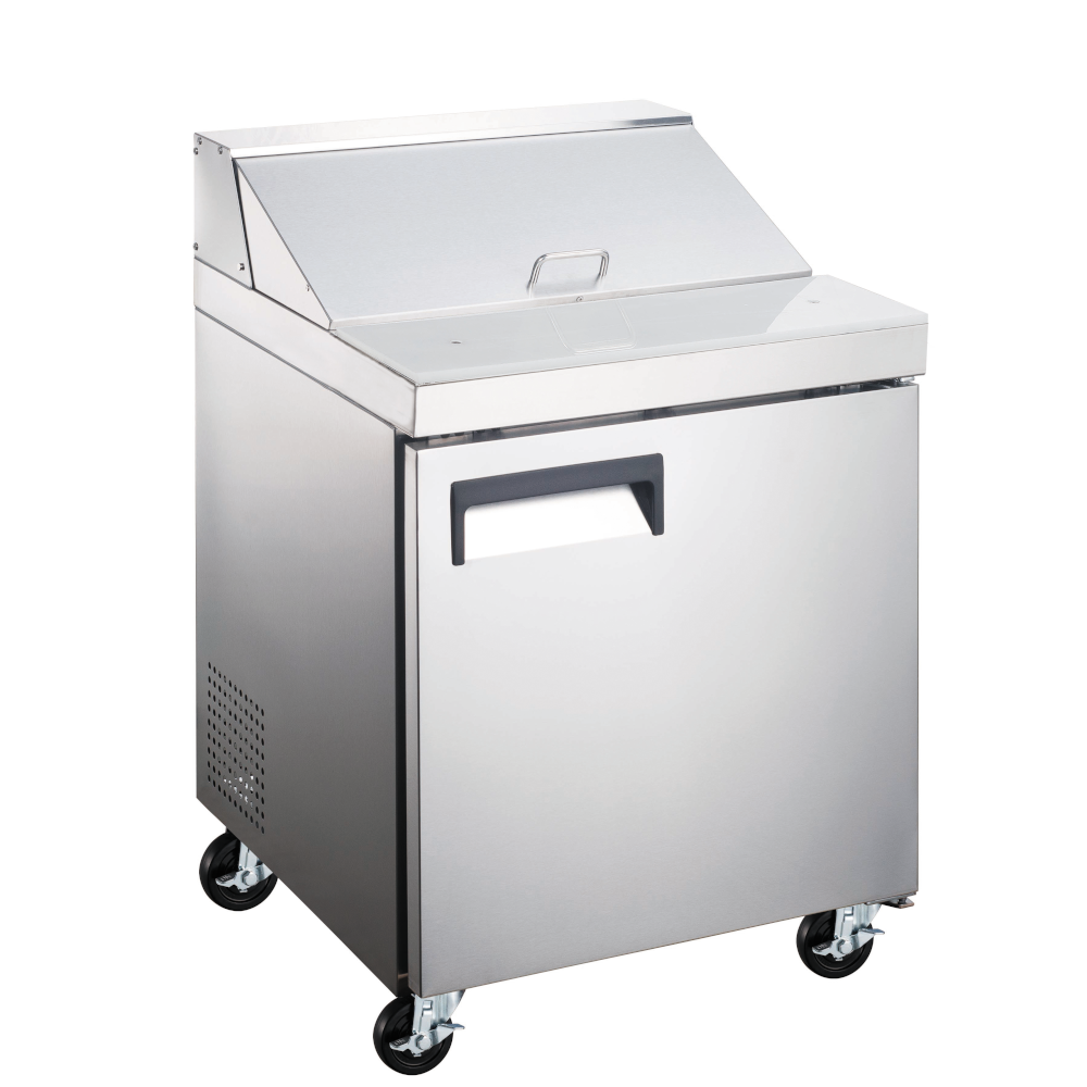 Adcraft GRSL-1D stainless steel refrigerated salad and sandwich prep table with one door, ingredient pan area, cutting board, and casters.