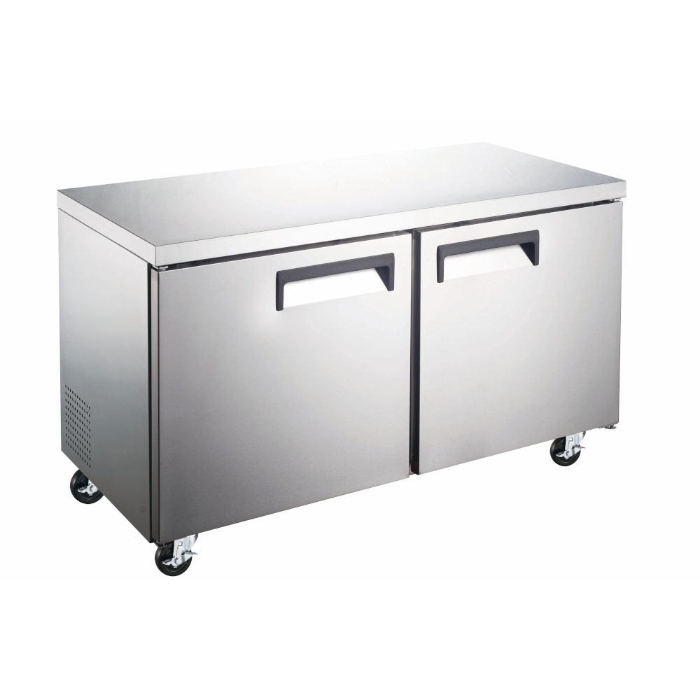 Stainless steel undercounter freezer on a white background