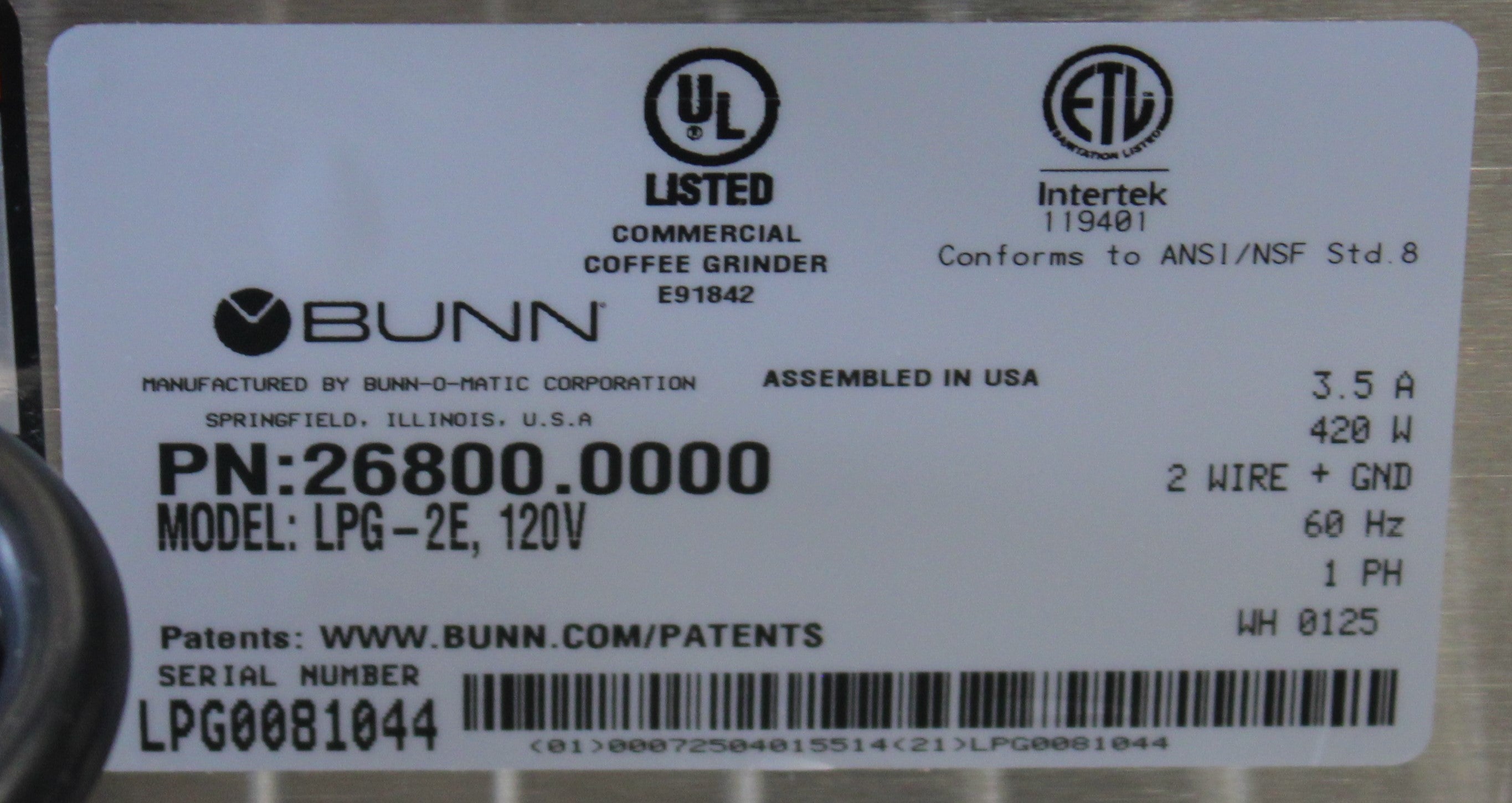 Bunn 26800.0000 *Used* Low Profile Portion Control Coffee Grinder, 2 Hoppers