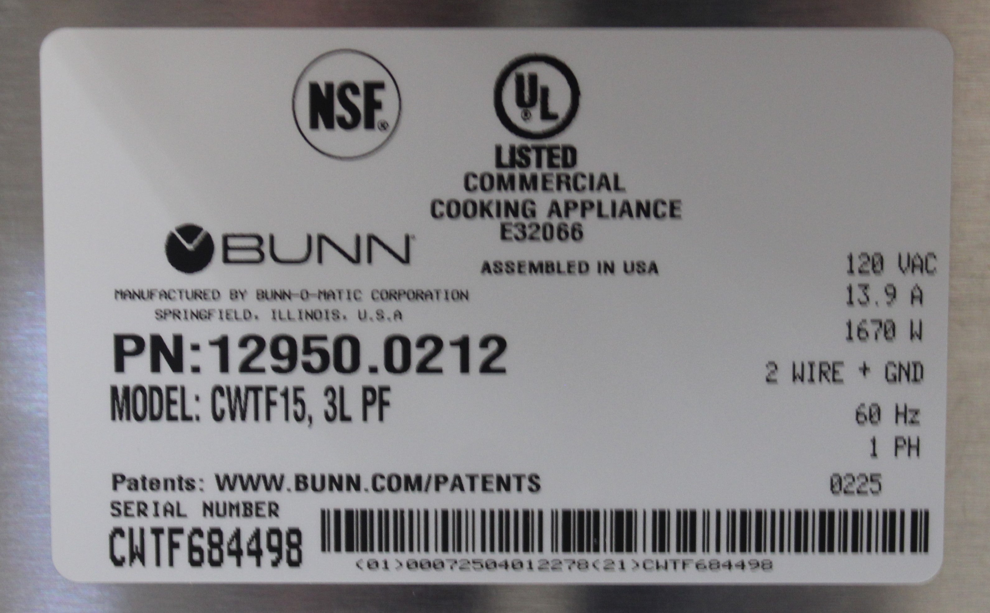 Bunn 12950.0212 CWTF15-3 *Ding & Dent* Automatic 3.9 Gallons P/H Brewer