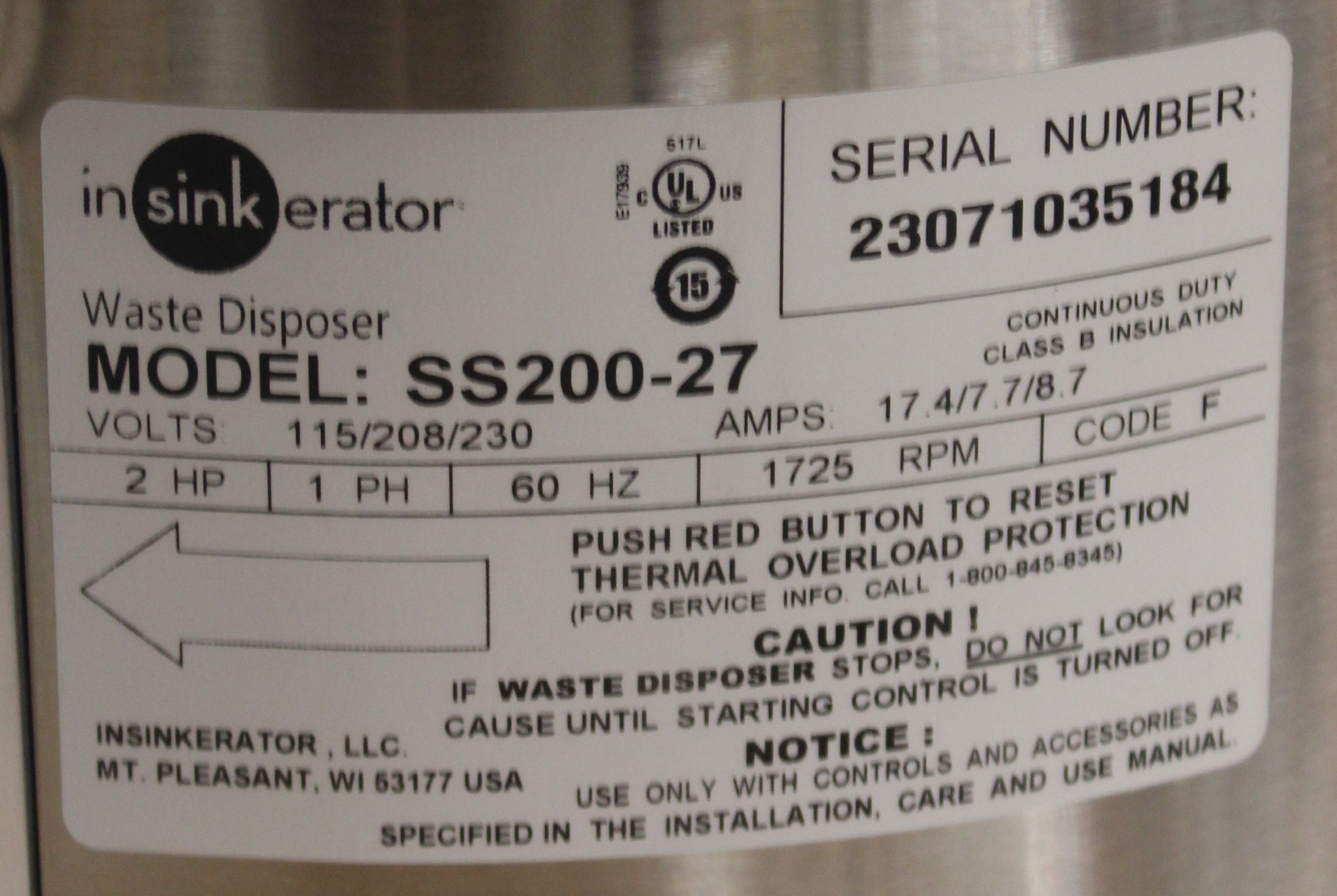 *Used* Insinkerator SS-200-27 Commercial Garbage Disposer, 2 hp, 1 Phase
