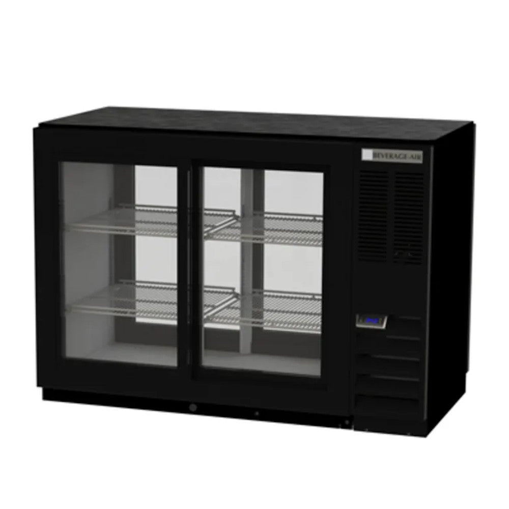 Beverage Air BB48HC-1-GS-PT-B Pass-Thru 48" Back Bar Glass Sliding Door Refrigerator With Black Finish Exterior