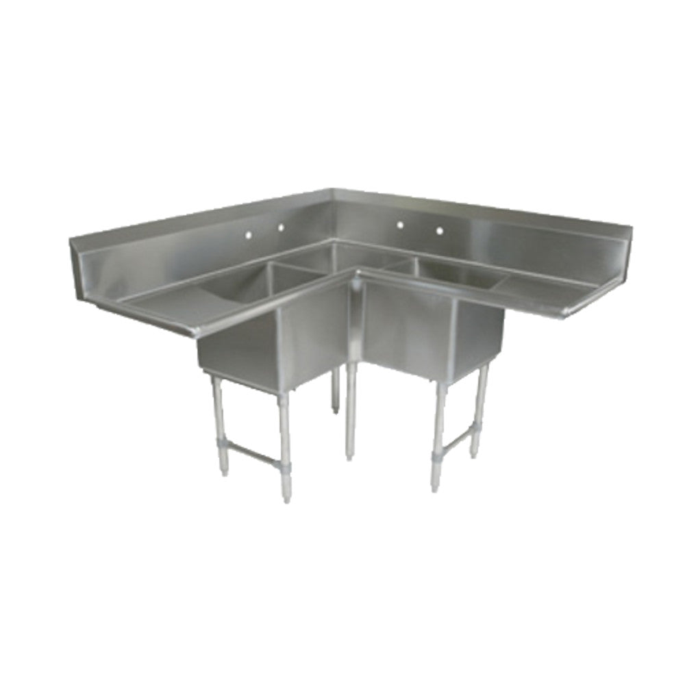 John Boos E3BCS-184-2D18 Three-Compartment Corner Sink, 18" L & R Drainboards