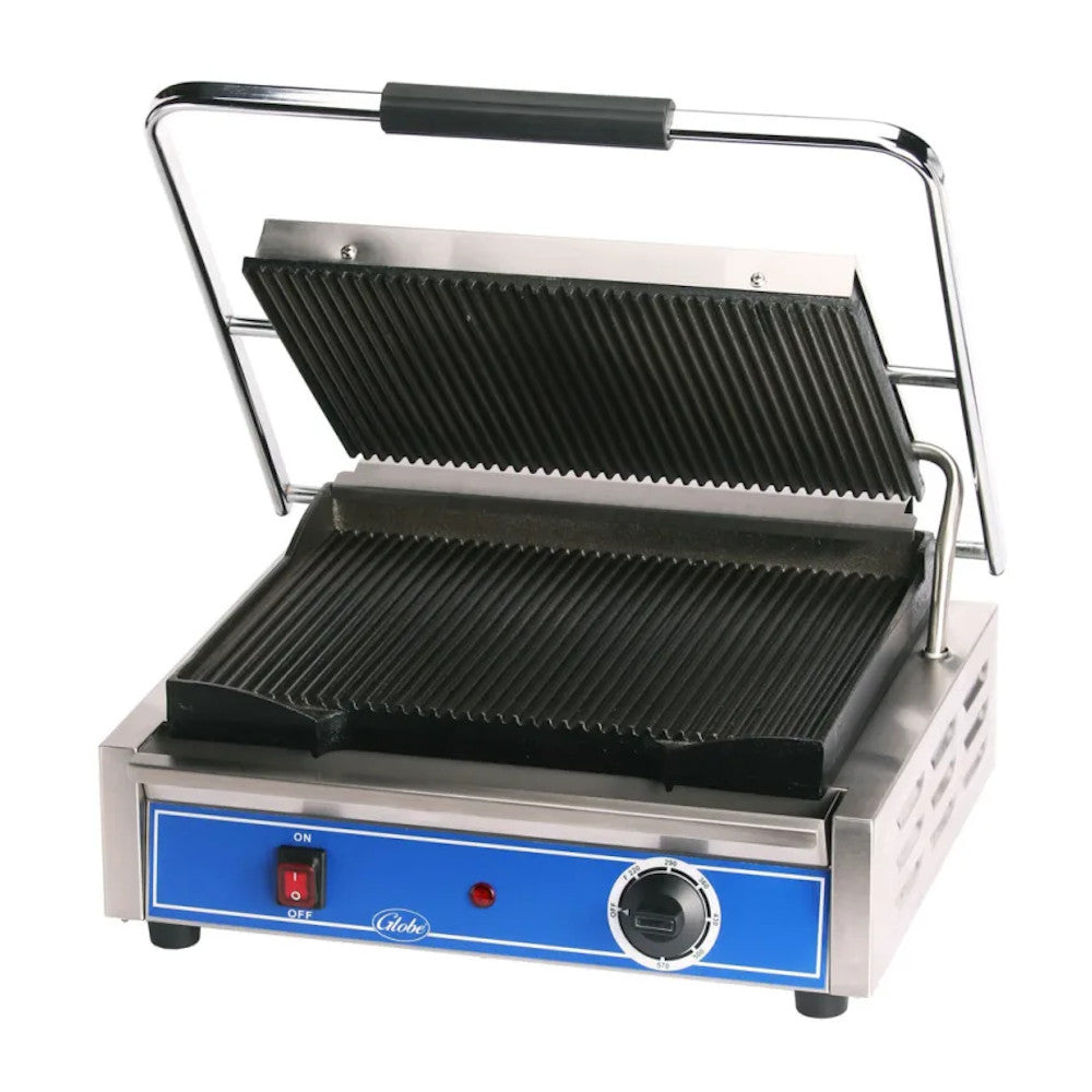 Globe GPG1410 14" x 10" Grooved Iron Top & Bottom Panini Sandwich Grill