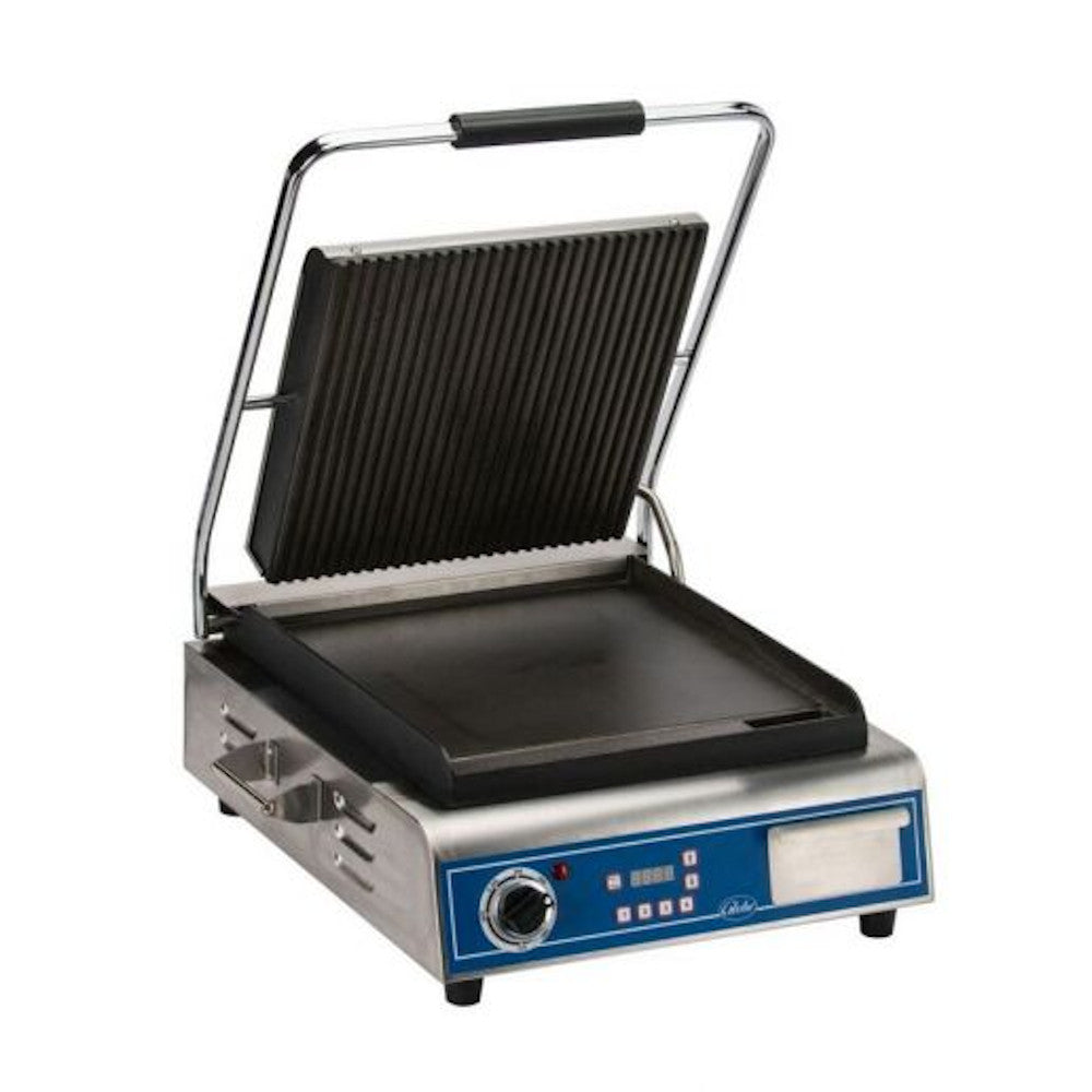 Globe GPGS14D Single Countertop Sandwich / Panini Grill with Grooved Top and Smooth Bottom