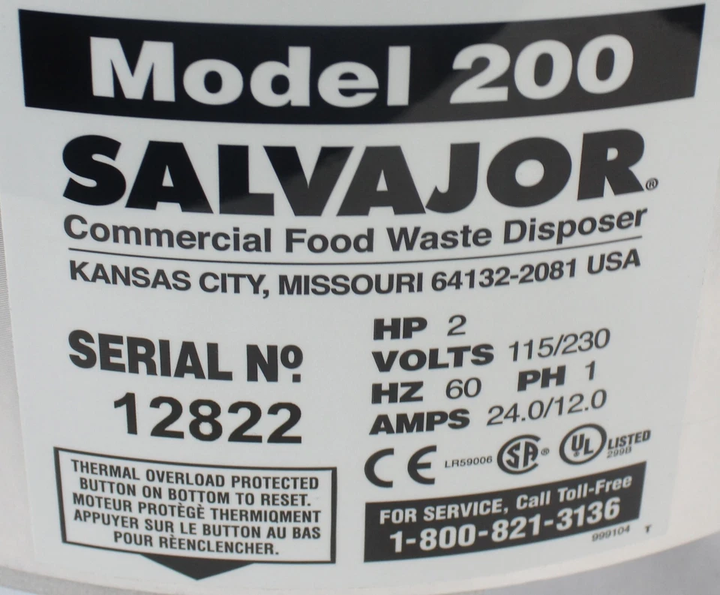 *Used* Salvajor 200 Commercial Garbage Disposer with 2 HP Motor