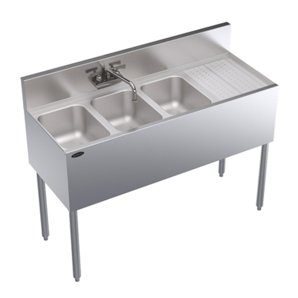 Krowne Metal KR19-43L Royal Series Three Compartment 48" Underbar Sink with 12" Drainboard on Right Side